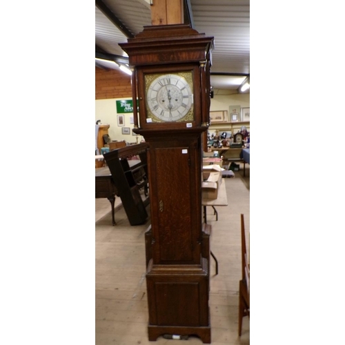 1286 - 19C OAK LONGCASE CLOCK WITH SILVERED DIAL AND GILT SPANDRELS, JOHN STEEL OF KILLAMARSH, 217CM H