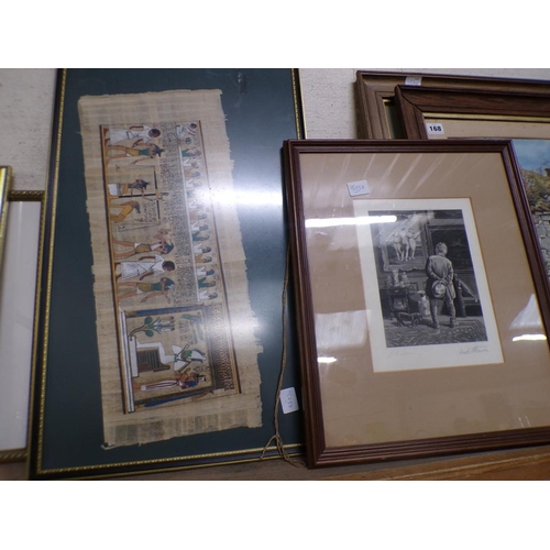 167 - FRAMED ENGRAVINGS, MAPLE FRAMED PRINTS, PAPYRUS PICTURE