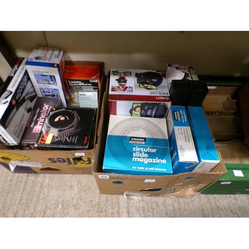 406 - TWO BOXES TO INCL ELECTRICAL ITEMS, WINDSCREEN SCRAPPERS, LIGHTS ETC