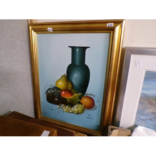 473 - FRAMED OIL ON BOARD - STILL LIFE, VASE AND FRUIT