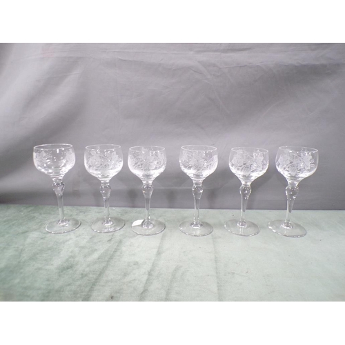 1831 - SET OF SIX WINE GLASSES ETCHED WITH VINE 19cms H