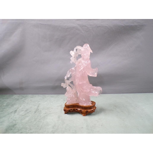 1834 - ORIENTAL ROSE QUARTZ FIGURE (22cms H) AND STAND