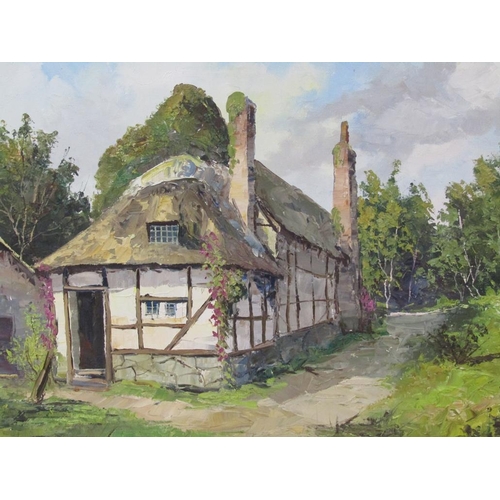 1201 - C WIEGNAM - TIMBERED COTTAGE, SIGNED OIL ON CANVAS, FRAMED, 50CM X 69CM