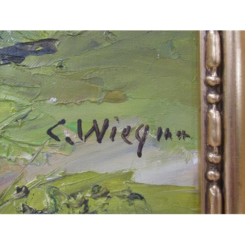 1201 - C WIEGNAM - TIMBERED COTTAGE, SIGNED OIL ON CANVAS, FRAMED, 50CM X 69CM