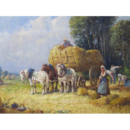 1202 - M LEFEVRE - THE HARVEST FIELD, OIL ON CANVAS, SIGNED, FRAMED, 46CM X 54CM