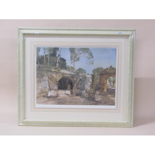 1210 - RUSSELL FLINT COLOURED PRINT - LADY IN THE ARCHES, F/G, 44CM X 62CM