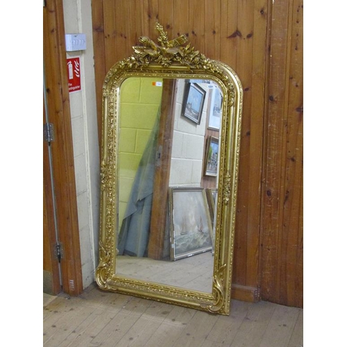 1221 - REPRO GILT MOULDED AND CARVED WALL MIRROR, 160CM X 83CM