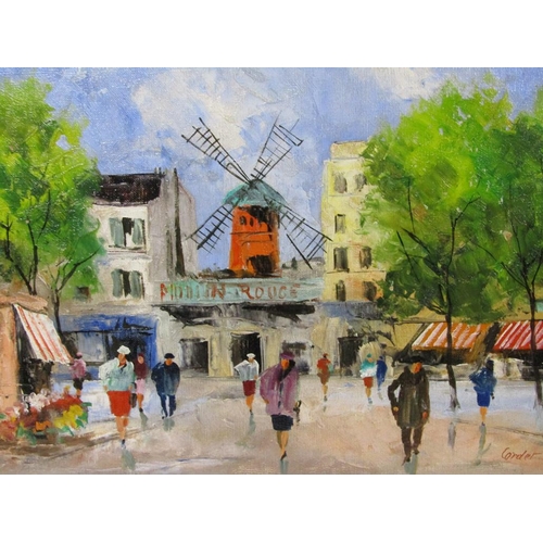 1226 - J CORDET - THE MOULIN ROUGE, SIGNED OIL ON CANVAS, FRAMED, 29CM X 39CM