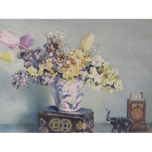 1230 - WALTER BAIN - STILL LIFE, VASE OF FLOWERS, SIGNED WATERCOLOUR, F/G, 23CM X 31CM