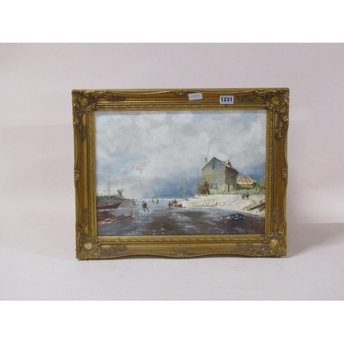 1231 - UNSIGNED - DUTCH WINTER SCENE WITH FROZEN RIVER, OIL ON CANVAS, FRAMED, 29CM X 40CM