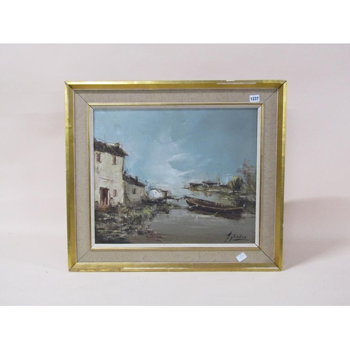 1237 - IGLESIAS - DERELICT MOORED BOAT, SIGNED OIL ON CANVAS, FRAMED, 45CM X 54CM