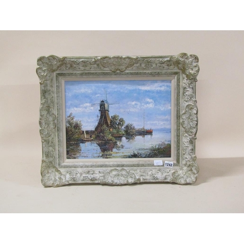 1242 - JAMES CAMERON - COASTAL ESTUARY WITH WINDMILL, SIGNED OIL ON CANVAS, FRAMED, 29CM X 39CM