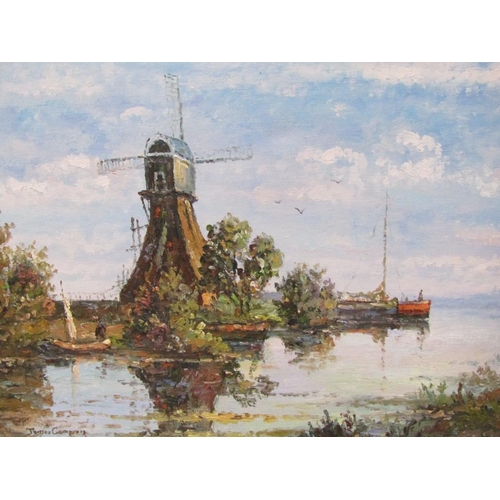 1242 - JAMES CAMERON - COASTAL ESTUARY WITH WINDMILL, SIGNED OIL ON CANVAS, FRAMED, 29CM X 39CM