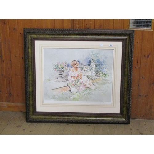 1251 - GORDON KING - FRAMED COLOURED PRINT OF A LADY SEATED, F/G, 52CM X 64CM