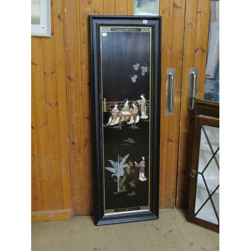 1252 - ORIENTAL BLACK LACQUERED PANEL DECORATED WITH COLOURED SOAPSTONE - LADIES, 167CM X 55CM