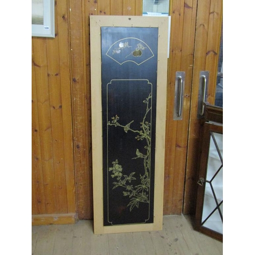 1252 - ORIENTAL BLACK LACQUERED PANEL DECORATED WITH COLOURED SOAPSTONE - LADIES, 167CM X 55CM