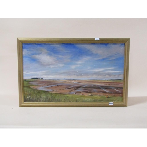 1254 - SIGNED INDISTINCTLY, 2014 - EAST ANGLIAN LANDSCAPE, SIGNED OIL ON CNAVAS, FRAMED, 40CM X 75CM