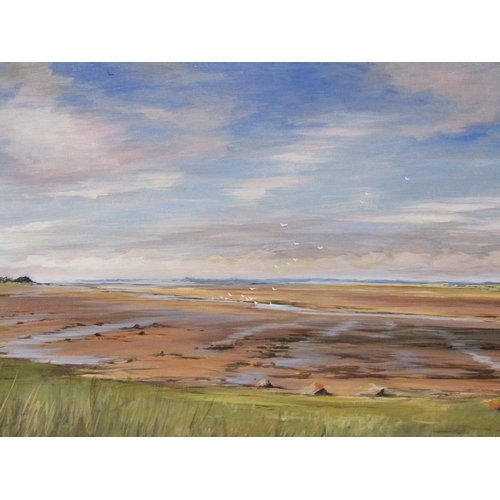 1254 - SIGNED INDISTINCTLY, 2014 - EAST ANGLIAN LANDSCAPE, SIGNED OIL ON CNAVAS, FRAMED, 40CM X 75CM