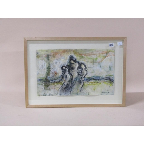 1258 - BEVERLEY 98 - ABSTRACT GROUP OF THREE PEOPLE, SIGNED WATERCOLOUR, F/G, 30CM X 58CM