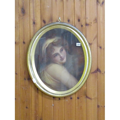 1263 - FRAMED OVAL COLOURED PASTEL OF A 19C LADY, F/G