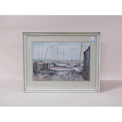 1265 - A HOUGHTON - MOORED SAILING YACHTS, SIGNED WATERCOLOUR, F/G, 36CM X 52CM; CANAL SCENE WITHBRIDGE, F/... 