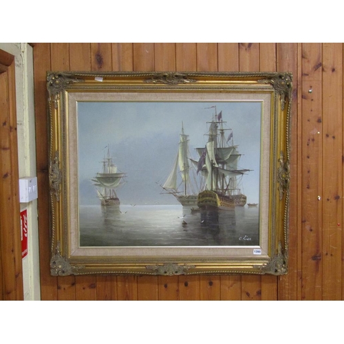 1280 - C RIEN - 19C SAILING VESSELS IN A CALMED SEA, SIGNED OIL ON CANVAS, FRAMED, 60CM X 75CM