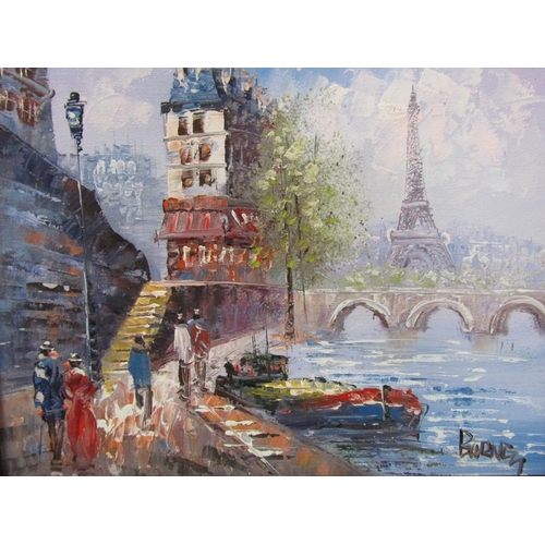 1282 - BURNETT - PARISIAN STREET SCENE, 42CM X 32CM & THE EIFFEL TOWER, 20CM X 25CM