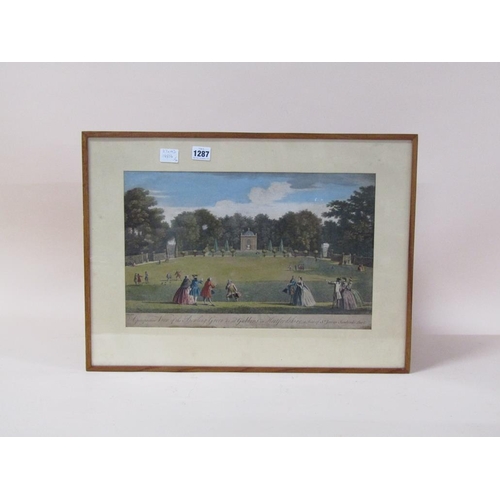 1287 - 18C COLOURED PRINT - THE BOWLING GREEN AT GUBBINS, F/G, 27CM X 43CM