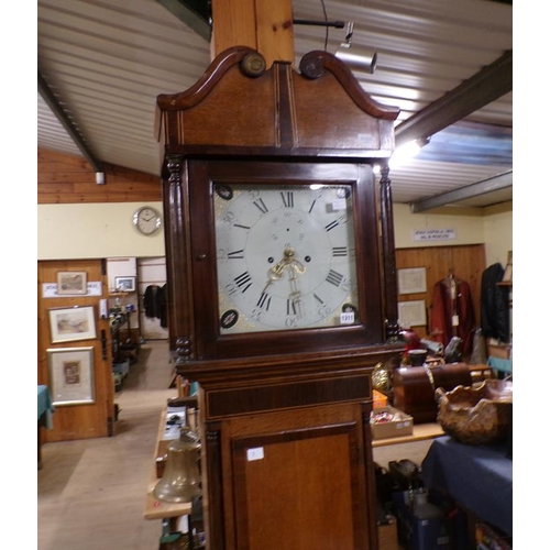 1311 - 19C OAK AND MAHOGANY LONGCASE CLOCK WITH SQUARE WHITE DIAL, 220CM H