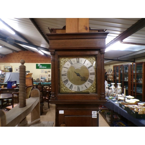 1319 - BILLINGTON OF HARBOROUGH OAK LONGCASE CLOCK WITH SQUARE GILT AND SILVERED DIAL, 193CM H