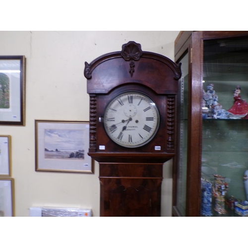 1320 - 19C FIGURE MAHOGANY LONGCASE CLOCK WITH WHITE PAINTED CIRCULAR DIAL, B THOMAS OF CARDIFF, 212CM H