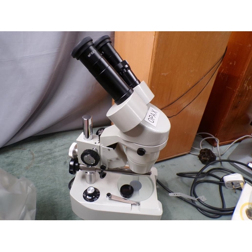 1330 - OPAX ELECTRICALLY OPERATED MICROSCOPE; BECK DIAMAX MICROSCOPE - BOTH IN CASES; BOX OF SLIDES ETC