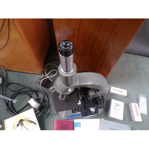 1330 - OPAX ELECTRICALLY OPERATED MICROSCOPE; BECK DIAMAX MICROSCOPE - BOTH IN CASES; BOX OF SLIDES ETC