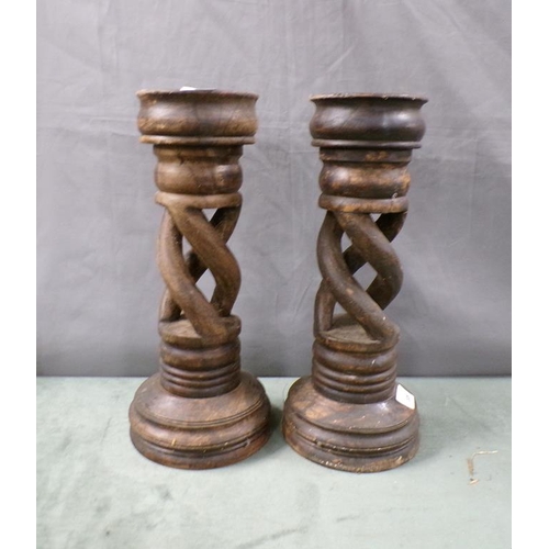 1344 - PAIR OF WOODEN TWIST CARVED PRICKET CANDLE HOLDERS - 40cms H