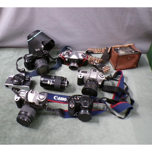 1366 - COLLECTION OF CAMERA EQUIPMENT INC. CANON EOF 1000F & LENS, PRACTIKA CAMERA, TORKINA 210 LENS, BOX C... 