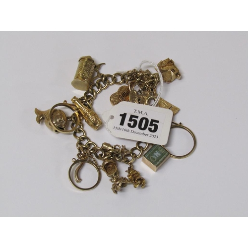 1505 - 9CT GOLD CHARM BRACELET, SET WITH APPROX 14 CHARMS, TWO HALF AND A FULL SOVEREIGN MOUNTS, TOTAL 63g