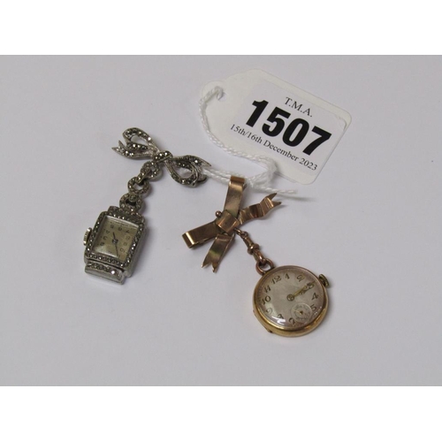 1507 - 18CT GOLD CASED FOB WATCH ON 9CT GOLD MOUNT; MARQUESITE SET FOB WATCH