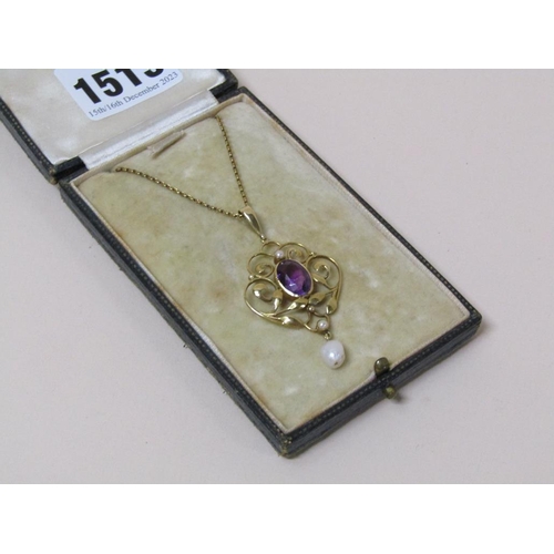 1513 - 15CT GOLD AMETHYST AND PEARL SET PENDANT NECKLACE WITH MARKS FOR LIBERTY & CO, TOTAL 6.7g