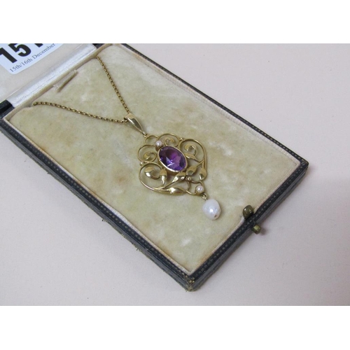 1513 - 15CT GOLD AMETHYST AND PEARL SET PENDANT NECKLACE WITH MARKS FOR LIBERTY & CO, TOTAL 6.7g