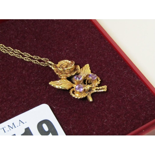 1519 - 9CT GOLD AMETHYST SET FLORAL PENDANT NECKLACE, 4.5g TOTAL