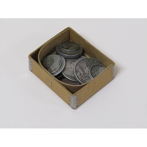 1535 - BOX OF MIXED COINS TO INC. CARTWHEEL PENNIES AND OTHER ANTIQUE COPPER COINS, 1893 VICTORIAN CROWN, 1... 