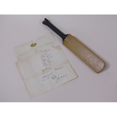 1559 - MINIATURE AUTOGRAPHED CRICKET BAT AND AN AUSTRALIAN TEAM ON TOUR 1956 AUTOGRAPH SHEET TO INC. RICHIE... 