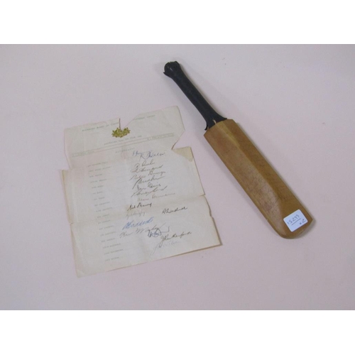 1559 - MINIATURE AUTOGRAPHED CRICKET BAT AND AN AUSTRALIAN TEAM ON TOUR 1956 AUTOGRAPH SHEET TO INC. RICHIE... 