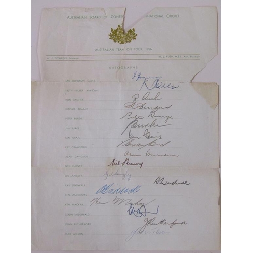 1559 - MINIATURE AUTOGRAPHED CRICKET BAT AND AN AUSTRALIAN TEAM ON TOUR 1956 AUTOGRAPH SHEET TO INC. RICHIE... 