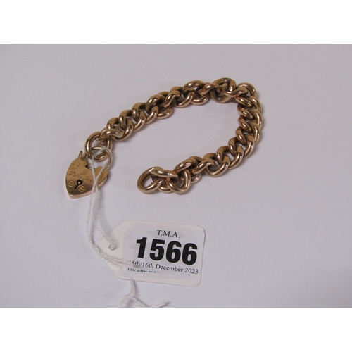 1566 - 9ct GOLD LINK BRACELET WITH HEART PADLOCK CLASP - 26.6g