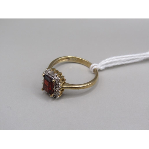 1594 - 9ct GOLD DIAMOND RED STONE SET RING SIZE P