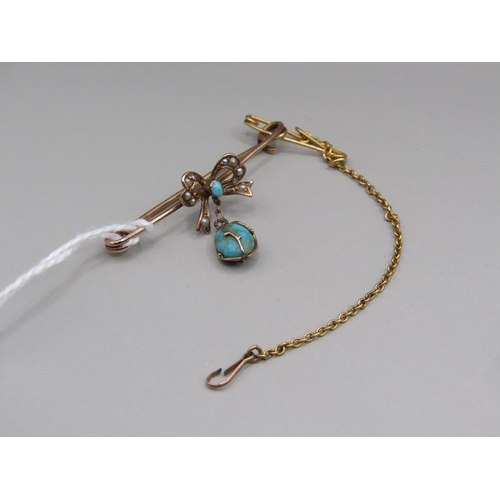 1597 - 9ct GOLD SEED PEARL AND TURQUOISE SET BOW BROOCH