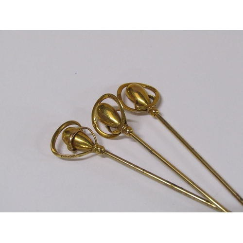 1607 - THREE CHARLES HORNER 9ct GOLD FINIAL HAT PINS