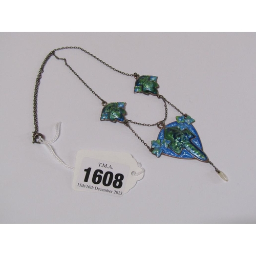 1608 - GOUDEL VALES SILVER AND ENAMEL PENDANT NECKLACE WITH A PEARL DROP