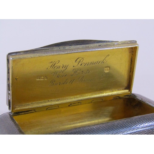 1619 - GEORGIAN SILVER TABLE SNUFF BOX WITH SILVER GILT INTERIOR, MAKERS MARK WP, LONDON 1804, 2.6ozt